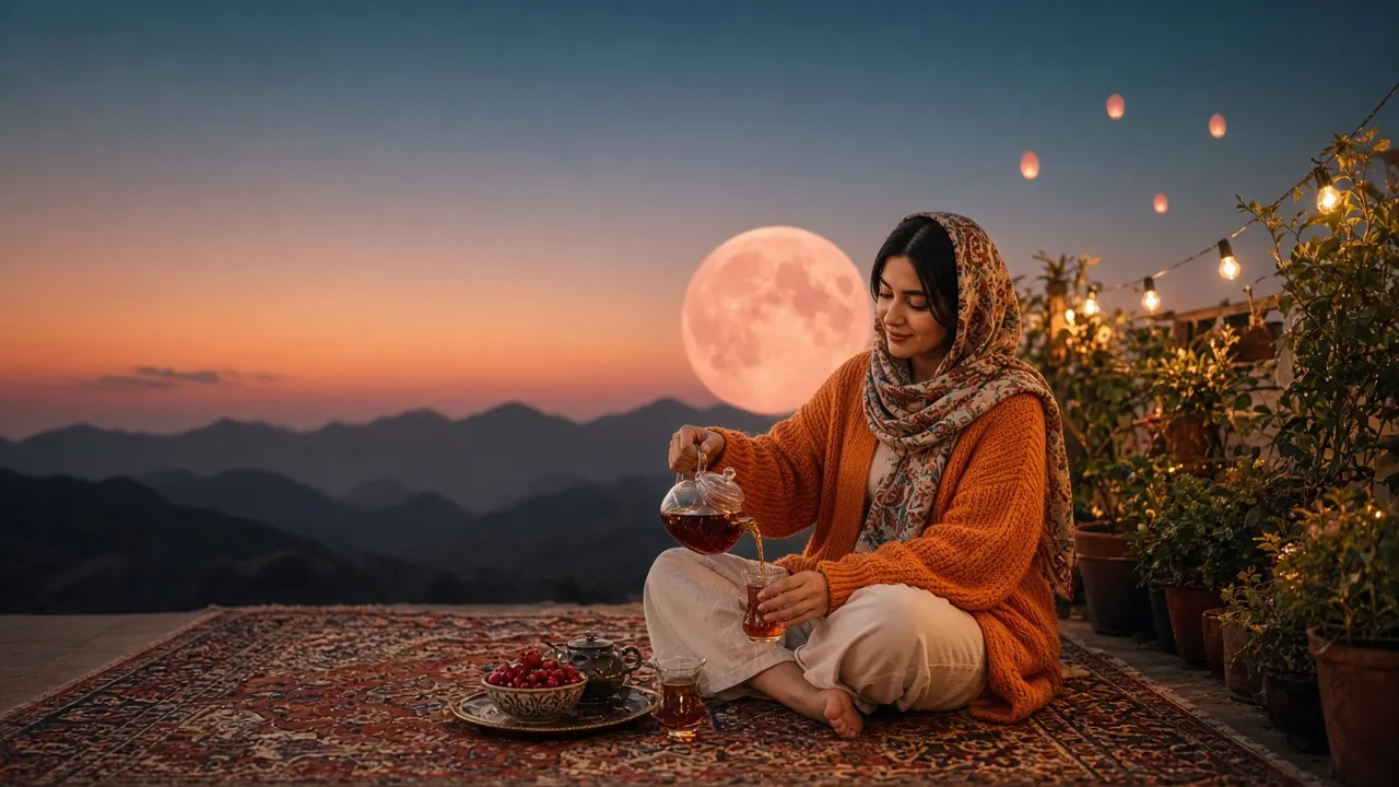 زنی با ژاکت بافت نارنجی روی فرش ایرانی، چای می‌ریزد و ماه بزرگی پشت کوه‌ها بالا می‌آید