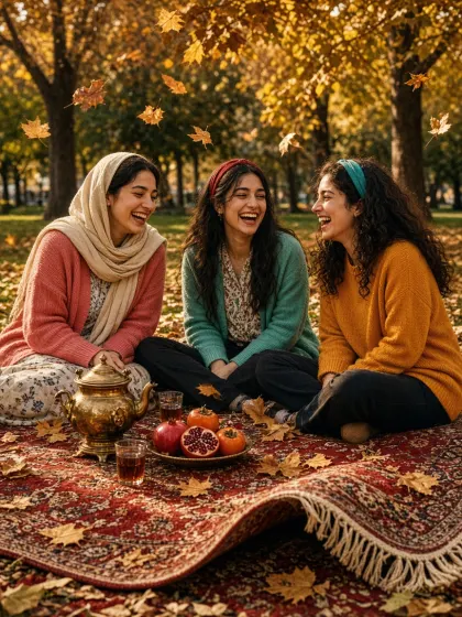 سه دوست خندان با شال و بافت رنگی روی فرش ایرانی، زیر درختان پاییزی با سماور و انار