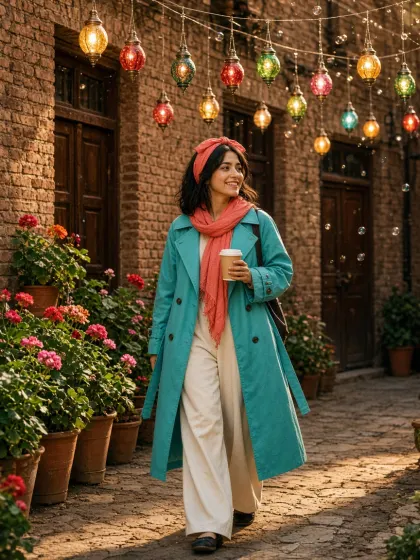 زنی با بارانی فیروزه‌ای و شال نارنجی در کوچه‌ای آجری زیر فانوس‌های رنگی